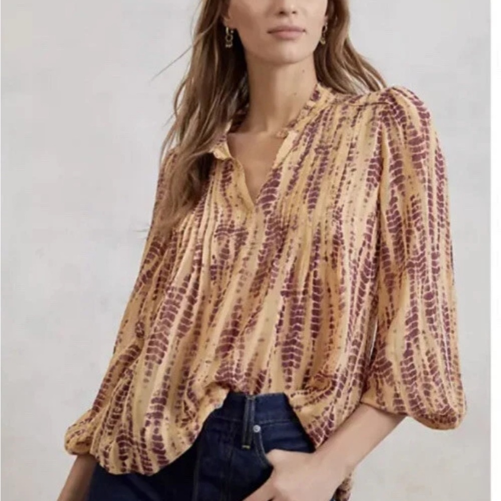 Anthropologie Maritzia Yellow Tie-Dye Print Blouse Puff Sleeve Split Neck, XL